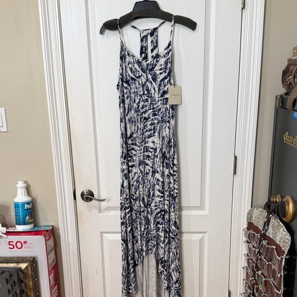 Cynthia Rowley sz Large spaghetti strap Navy and White High Low maxi Dress NWT